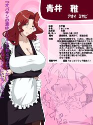 apron artist_request aruginin@ breasts fellatio glasses japanese_text large_breasts milf oral red_hair stats text translation_request