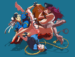 3girls android_(artist) black_hair blonde_hair blue_background cammy_white chun-li female female_only final_fight fingering handcuffs handcuffs_on_ankles heels human leotard multiple_girls mutual_fingering no_pants peaked_cap pink_hair poison_(final_fight) street_fighter threesome