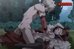 1boy 1boy1girl 1girls alternate_universe big_breasts black_socks bodily_fluids breast_grab breast_squeeze breasts cum cum_on_body fantasy_au female female_penetrated forest gloves groping_breasts katsuki_bakugou legs_apart lying_on_back male male/female male_penetrating male_penetrating_female missionary_position muscular my_hero_academia naked_thighhighs nightlykrumbs ochako_uraraka on_back outdoor_sex outdoors outside sex socks spread_legs straight sweat thigh_socks thighhighs vaginal_penetration