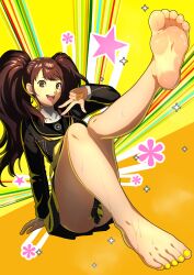 artist_request feet foot_fetish kujikawa_rise persona persona_4 smiling_at_viewer soles sweat yellow_nails yellow_toenails