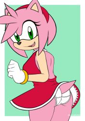 1girls amy_rose anthro female female_only flashing_panties green_eyes looking_at_viewer negicake panties peachfuzz pink_body red_dress skirt solo sonic_(series) sonic_the_hedgehog_(series) upskirt white_panties