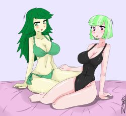 2girls barefoot bed big_breasts bikini breasts cleavage commission duo duo_female equestria_girls feet female female_only friendship_is_magic hasbro hi_res highres multiple_girls my_little_pony navel one-piece_swimsuit pinup sweet_leaf_(eg) swimsuit thighs watermelody_(eg) zronku