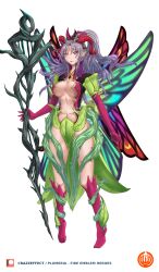 1girls alternate_costume alternate_hairstyle bare_legs boots breasts center_opening cleavage crazzeffect fairy fairy_wings female female_only fire_emblem fire_emblem_heroes grey_hair large_breasts legs long_hair multicolored_hair nintendo open_mouth plumeria_(fire_emblem) pointy_ears ponytail purple_hair revealing_clothes solo staff wings