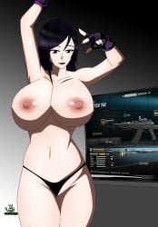 akinama_family_(noir-black-shooter) big_breasts black_panties dark_purple_hair female gamer gamer_girl gloves kaori_akinama_(noir-black-shooter) long_hair mole_under_eye noir-black-shooter nude oc original original_character purple_eyes tv_screen