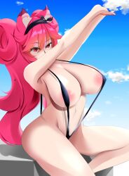 animal_ears areola_slip ass beach big_breasts curvaceous dark_hair female_only headband highres hot_pink_hair latam_virtual_youtuber lunaria_ayaren neffario pink_eyes sling_bikini slingshot_swimsuit stretching swimsuit thighs twintails virtual_youtuber vtuber vtuberfanart wide_hips youtube_hispanic