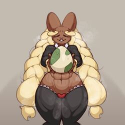 2023 abs anthro braided_hair bunny bunny_ears bunny_girl closed_eyes egg female female_focus female_only freepancakes furry game_freak gray_background holding_egg holding_pokemon_egg lopunny nintendo pokemon pokemon_(species) pokemon_egg presenting rabbit reverse_bunnysuit sweating thick_thighs thighs