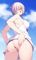 846-gou anus ass back bare_shoulders blue_sky breasts clothes_lift dress dress_lift dress_swimsuit fate/grand_order fate_(series) female glasses hair_over_one_eye highres large_breasts light_purple_hair looking_at_viewer looking_back mash_kyrielight mash_kyrielight_(swimsuit_of_perpetual_summer) open_mouth purple_eyes pussy short_hair sky smile solo thighs white_dress