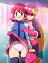 2girls ass_visible_through_thighs black_thighhighs blush clothes_lift female female_only grabbing grabbing_another's_breast green_eyes groping heart helmet highres konpeto licking_lips mayl_sakurai mega_man mega_man_battle_network mega_man_nt_warrior multiple_girls panties pink_panties pussy_juice_stain red_hair roll.exe sakurai_meiru skirt skirt_lift stained_panties thigh_gap thighhighs tongue tongue_out underwear yuri