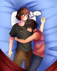 2boys 2d blush boner brown_hair bulge bulge_through_clothing chara color drunk_chara erection frisk gay hawker-the-gary hugging male male_only precum sleeping tagme undertale undertale_(series) wholesome yaoi