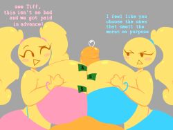 2girls annoyed brittany_(moonstadew) double_paizuri emoji_(race) happy huge_ass huge_breasts huge_cock money moonraige moonstadew multiple_girls no_outlines original_character paizuri ponytail pressing_breasts_together smile test_tag text thick_thighs tiffany_(moonstadew) twintails yellow_skin