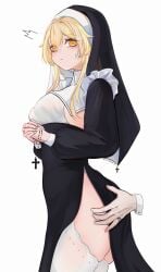 1girls ass_grab blonde_hair cross cross_necklace female genshin_impact grabbing groping lumine_(genshin_impact) no_panties nun nun's_habit nun_outfit prayer_beads praying priest side_slit thick_thighs thighhighs unosaki2 veil yellow_eyes