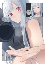 ak-12_(girls'_frontline) anime_style black_shirt blue_hair comic giantess girls'_frontline long_hair macrophilia natsukaze_shigure purple_eyes shrink shrinking shrunk sigure_dd142 speech_bubble tiny_person twitter