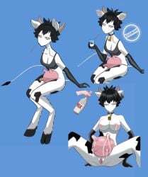 animal_genitalia animal_pussy animalfarm56 black_hair boobs breasts breasts_out cow_ears cow_girl cow_horns cowbell cowgirl fur hentai milking milking_breasts nsfw oc udders white_eyes