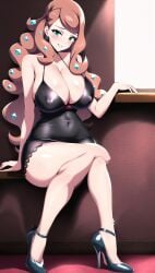 ai_generated black_dress blush curly_hair green_eyes high_heels huge_breasts large_breasts long_hair makeup matalica nintendo novelai pinup pokemon pokemon_ss posing red_hair sitting smile sonia_(pokemon)