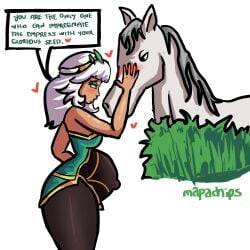 1animal 1girls female feral horse implied_bestiality interspecies league_of_legends mapachips pixiv pregnant qiyana_yunalai zoophilia