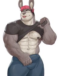 abs anthro beard body_hair bulge bulge_rubbing chest_hair clothed clothing clothing_lift facial_hair fur grey_body grey_fur hair hairy_arms hi_res husky_(husky92) imato inner_ear_fluff lagomorph leporid male mammal muscle_shirt muscular muscular_male navel nipples pawpads pecs pink_hair rabbit raised_clothing raised_shirt raised_topwear shirt shirt_lift solo solo_male tongue tongue_out topwear tuft underwear