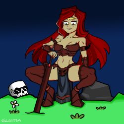 adventurequest_worlds aqw aqworlds artix_entertainment bikini_armor bracers circlet cleavage eyelashes gravelyn loincloth long_hair midriff night_sky pelvic_curtain red_hair skull slgma squatting sword thighhighs