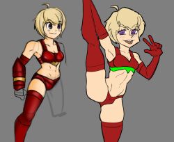 adventurequest_worlds aqw aqworlds arm_length_gloves artix_entertainment bikini bikini_armor blonde_hair bra fit_female flexible gloved_hands gloves midriff one_leg_up original_character panties peace_sign purple_hair red_armor short_hair slgma thigh_highs thighhighs tongue_out