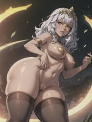 ai_generated breasts gray_hair green_eyes league_of_legends marannd medium_breasts no_panties pussy qiyana_yunalai stable_diffusion thick_thighs white_hair