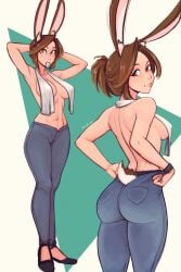 1girls abs big_ass brown_eyes brown_hair bunny_ears covered_nipples hairband heels jeans light_skin looking_at_viewer medium_breasts muscular muscular_female original_character raichiyo33 six_pack solo thick_thighs tied_hair towel towel_around_neck tying_hair