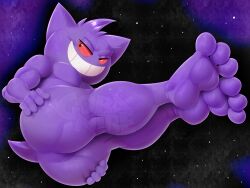 3_toes 4:3 ambiguous_gender anthro ass feet foot_focus generation_1_pokemon gengar gobanire looking_at_viewer nintendo paws pokemon pokemon_(species) red_sclera simple_background smile solo spreading toes