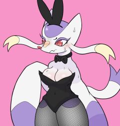 anthro black_bow_tie black_clothing blush bodily_fluids bow_tie breasts camel_toe clothed clothing dipstick_tail eyelashes female fishnet fishnet_legwear fur generation_5_pokemon hi_res legwear markings mienshao navel_outline nintendo pokemon pokemon_(species) purple_body purple_fur purple_tail_tip red_eyes red_nose seegmuh simple_background solo standing sweat tail tail_markings white_body white_fur white_tail yellow_body yellow_fur