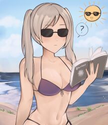 1girls alternate_costume beach bikini book cleavage female female_only fire_emblem fire_emblem_awakening grey_hair large_breasts nintendo ocean outdoors purple_bikini purple_swimsuit purrlucii robin_(fire_emblem) robin_(fire_emblem)_(female) sand silver_hair solo sunglasses swimsuit tinted_eyewear twintails white_hair