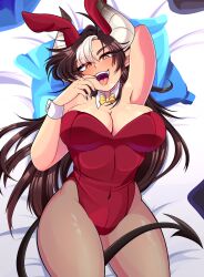 1girls bed_sheet blue_pillow blush bowtie brown_hair bunnysuit demon_girl demon_horns demon_tail female female_only horns indie_virtual_youtuber inviting ivytooru_(artist) ivytooru_(vtuber) light-skinned_female light_skin on_bed open_mouth pillow seductive solo tail tongue tongue_out two_tone_hair virtual_youtuber white_bed_sheet white_hair yellow_bowtie