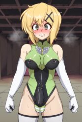 1futa akatsuki_kirika big_penis blonde_hair breasts bulge clothed clothing covered_nipples erection female futa_only futanari human kodaibun leotard light-skinned_futanari light_skin mostly_clothed penis senki_zesshou_symphogear short_hair solo standing