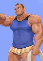 1boy armpit_hair bald_spot bara beard biceps blue_eyes blue_tank_top boxer_briefs brown_hair bulge cerberus_arts covered_navel covered_nipples dark-skinned_male dark_skin facial_hair feet_out_of_frame hand_up highres large_pectorals male_focus male_only male_underwear mature_male muscular muscular_male original paid_reward_available pectorals penis penis_peek see-through shirt short_hair sideburns solo standing sweat tank_top thick_eyebrows thick_thighs thighs underwear veins veiny_arms wet wet_clothes wet_shirt white_male_underwear yellow_male_underwear