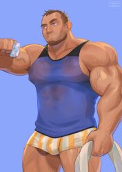 1boy armpit_hair bald_spot bara beard biceps blue_eyes blue_tank_top boxer_briefs brown_hair bulge cerberus_arts condom condom_wrapper covered_nipples dark-skinned_male dark_skin facial_hair feet_out_of_frame hand_up highres holding holding_condom large_pectorals male_focus male_only male_underwear mature_male muscular muscular_male original paid_reward_available pectorals penis penis_peek see-through shirt short_hair sideburns solo standing sweat tank_top thick_eyebrows thick_thighs thighs underwear veins veiny_arms wet wet_clothes wet_shirt white_male_underwear yellow_male_underwear