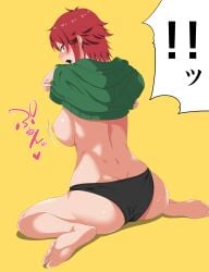 ! !! 1girls aizawa_tomo ass ass_cleavage barefoot big_breasts black_panties blush breasts butt_crack clothes_pull embarrassed feet female from_behind futamine_kobito highres hood hooded_sweater large_breasts legs looking_at_viewer looking_back nipples oerba_yun_fang open_mouth panties red_eyes red_hair short_hair sitting soles solo sweat sweater sweater_pull toenails toes tomboy tomo-chan_wa_onna_no_ko underwear undressing wariza yellow_background