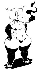 1boy 2022 bikini black_and_white bottom_heavy cigar clothed clothing cyanu elbow_gloves femboy full_body gloves huge_hips humanoid looking_at_viewer male male_only monochrome mostly_nude smoking solo standing thick_thighs thighhighs voider_(cyanu) wide_hips