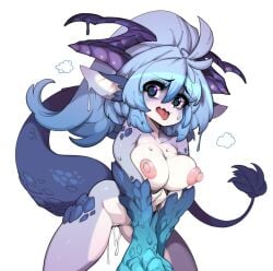 @_@ absurdres animal_ears blue_eyes blue_hair breasts commentary completely_nude cum cum_in_pussy english_commentary female hair_between_eyes highres horns large_breasts looking_at_viewer medium_hair monster_girl nipples nude open_mouth original purple_horns simple_background slugbox solo tail thighs white_background