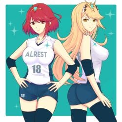 2girls ass blonde_hair blue_shorts breasts elbow_pads female female_only hand_on_hip jersey large_breasts long_hair looking_at_viewer mythra nintendo pyra red_eyes red_hair shirt short_hair short_shorts shorts sportswear thighhighs tiara truejekart white_shirt xenoblade_(series) xenoblade_chronicles_2 yellow_eyes