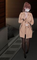 black_heels breasts breasts brown_hair coat face_mask facemask female female female_focus female_only female_solo glasses heels jjanda naked_under_coat nude_under_coat nude_underneath original original_character ponytail solo solo_female thighhighs white_face_mask