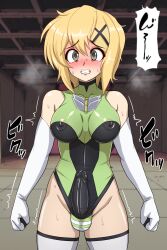 1futa akatsuki_kirika big_penis blonde_hair breasts bulge clothed clothing covered_nipples erection futa_only futanari human kodaibun leotard light-skinned_futanari light_skin mostly_clothed penis senki_zesshou_symphogear short_hair solo standing trembling twitch_lines