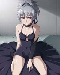 arm_behind_back black_dress blind boob_window clavicle darker_than_black female hair_ornament kuudere looking_at_viewer ponytail posing silver_hair small_breasts violet_eyes yin_(darker_than_black)