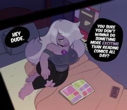 1girls 2d 5_fingers 5_toes :3 alien alien_girl amethyst_(steven_universe) anthro bedroom_eyes big_ass big_breasts cartoon_network clothing curvaceous curvy cute feet female flirting fully_clothed gem_(species) large_ass large_breasts looking_at_viewer no_penetration no_sex petite purple_body purple_skin shortstack somescrub source_request steven_universe tagme talking_to_viewer text thick_thighs thighs thunder_thighs toes voluptuous white_hair wide_hips