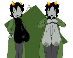 areolae big_breasts black_hair catgirl grey_skin homestuck horns huge_breasts lactation nepeta_leijon nipple_piercing nipples question_mark sagging_breasts shirt_lift uneven_breast_sizes