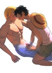 1boy 1cuntboy abs black_hair blonde_hair blush cuntboy human intersex interspecies male merfolk mermaid merman monkey_d_luffy muscular muscular_cuntboy muscular_male one_piece pussy spread_pussy spreading sweat tears uncensored vinsmoke_sanji webbed_hands wet_skin yaoi yongyipeng11