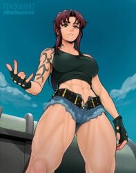 abs asian_female belt black_lagoon blue_sky boat breasts crop_top daisy_dukes devil_horns_(gesture) female fenixman12 fingerless_gloves gloves grey_eyes know_your_place large_breasts leanbeefpatty looking_down looking_down_at_viewer meme mildly_muscular_woman muscular muscular_female ponytail red_hair revy shorts sky smile solo tagme tank_top tattoo thick_thighs thighs unbuckled_belt