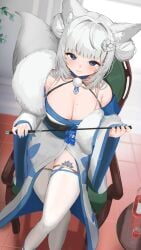 1girls animal_ears beauty_mark blue_eyes bottle chair cleavage clothed clothing eyebrows_visible_through_hair female female_only fox_ears fox_girl fox_tail holding_riding_crop indie_virtual_youtuber indoors light-skinned_female light_skin looking_at_viewer riding_crop sakae_izumi sitting_on_chair solo sorotu tail traditional_clothes virtual_youtuber whip white_hair white_tail