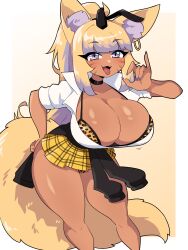 1girls blonde_hair blowjob_gesture bra breasts choker cleavage ear_ring female fox_ears fox_girl fox_tail gyaru hoodie_around_waist j5daigada nail_polish painted_nails panties short_skirt tagme tagme_(character) thick_thighs thighs tongue tongue_out