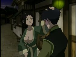 accurate_art_style avatar_the_last_airbender big_breasts breasts cleavage couple duo duo_focus earth_kingdom green_eyes inviting inviting_to_sex jin_(avatar) large_breasts outdoors ponytail screencap screenshot screenshot_edit seductive spiky_hair teasing tied_hair zuko