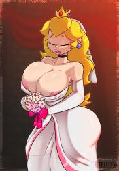 1girls 5tflldartist5 areola_slip areolae ass big_breasts big_lips blonde_hair bouquet breasts cleavage closed_eyes clothing crown dress ear_piercing earrings female female_only hair headwear hips huge_breasts lips lipstick long_hair mario_(series) neckwear nintendo pink_lips pink_lipstick princess_peach solo solo_female standing super_mario_bros._(2023_film) thick_lips wedding_dress wedding_veil white_dress wide_hips