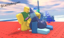 1boy 1girls 3d big_ass big_balls big_breasts big_penis big_testicles blowjob catmaidboyuwu cum dialogue doomspire_brickbattle oral roblox roblox_game robloxian sucking tagme