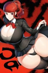 ai_generated atlus big_breasts black_panties black_stockings black_thong bowtie breasts cleavage clothing eyes feet_out_of_frame female female_only huge_breasts huge_thighs japanese_clothes japanese_clothing japanese_school_uniform kasumi_yoshizawa large_breasts large_thighs light-skinned_female light_skin nai_diffusion panties persona persona_5 persona_5_royal ponytail skirt skirt_lift stable_diffusion thick thick_thighs thong thunder_thighs voluptuous voluptuous_female wide_hips