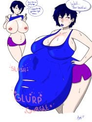 anal_vore big_breasts blue_hair blush breasts clothed_female dark_hair english english_text exercise exercise_clothing flashing goth goth_girl gym gym_clothes implied_digestion looking_at_self nipples original original_character piercing pink_hair post_vore potbelly pre_vore stretchysophie student student_pred sweaty text training vore vore_belly white_background