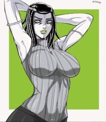 1girls big_breasts black_hair breasts clothed clothed_female dark-skinned_female dark_skin dreadlocks ermes_costello female female_focus female_only fully_clothed green_lipstick hand_on_head human jojo's_bizarre_adventure long_hair shounen_jump solo solo_female solo_focus stone_ocean z3husky